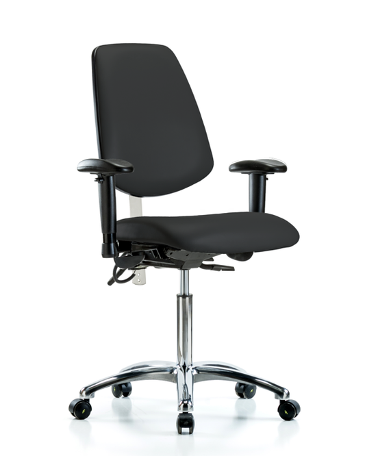Blue Ridge Ergonomics NECR-VMBCH-MB-CR-T1-A1-NF-EC-ESDBLK Class 100 Vinyl Clean Room/ESD Chair - Medium Bench Height with Medium Back, Seat Tilt, Adjustable Arms, & ESD Casters in Black ESD Vinyl