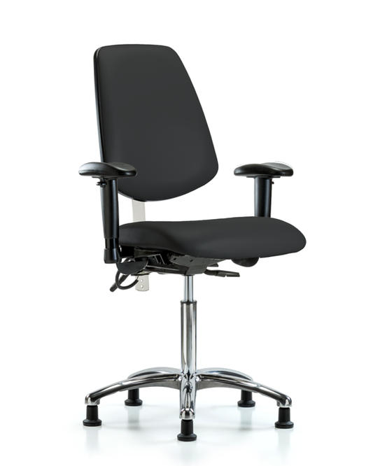Blue Ridge Ergonomics NECR-VMBCH-MB-CR-T1-A1-NF-EG-ESDBLK Class 100 Vinyl Clean Room/ESD Chair - Medium Bench Height with Medium Back, Seat Tilt, Adjustable Arms, & ESD Stationary Glides in Black ESD Vinyl