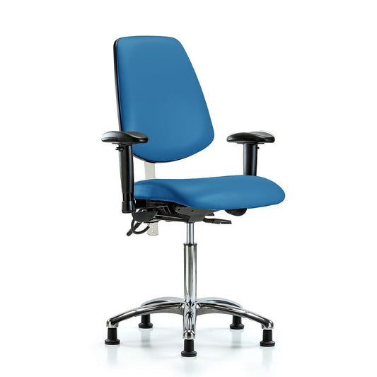 Blue Ridge Ergonomics NECR-VMBCH-MB-CR-T1-A1-NF-EG-ESDBLU Class 100 Vinyl Clean Room/ESD Chair - Medium Bench Height with Medium Back, Seat Tilt, Adjustable Arms, & ESD Stationary Glides in Blue ESD Vinyl
