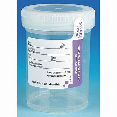 Globe Scientific 6528 Container Tite-Rite 120mL (4oz) PP STERILE Attached Natural Screw Cap ID Label with Tab Seal Graduated