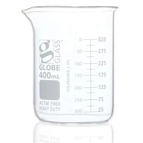 Globe Scientific 8020400 Beaker Globe Glass 400mL Low Form Griffin Style Heavy Duty Dual Graduations ASTM E960 12/Box