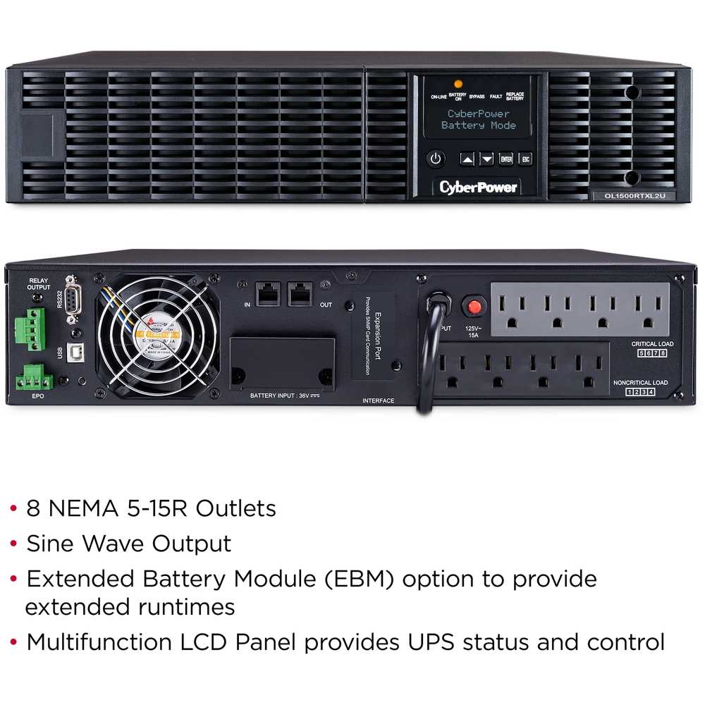 CyberPower OL1500RTXL2U Smart App Online UPS Systems - 1500VA/1350W, 100 - 125 VAC, NEMA 5-15P, 2U, Rack / Tower, Sine Wave, 8 Outlets, LCD, PowerPanel® Business, $400000 CEG, 3YR Warranty