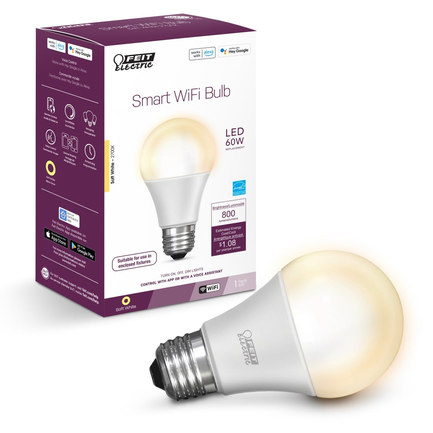 Feit Electric OM60/927CA/AG 9W (60W Replacement) Soft White (2700K) E26 Base A19 LED Alexa Google Smart Wi-Fi Bulb