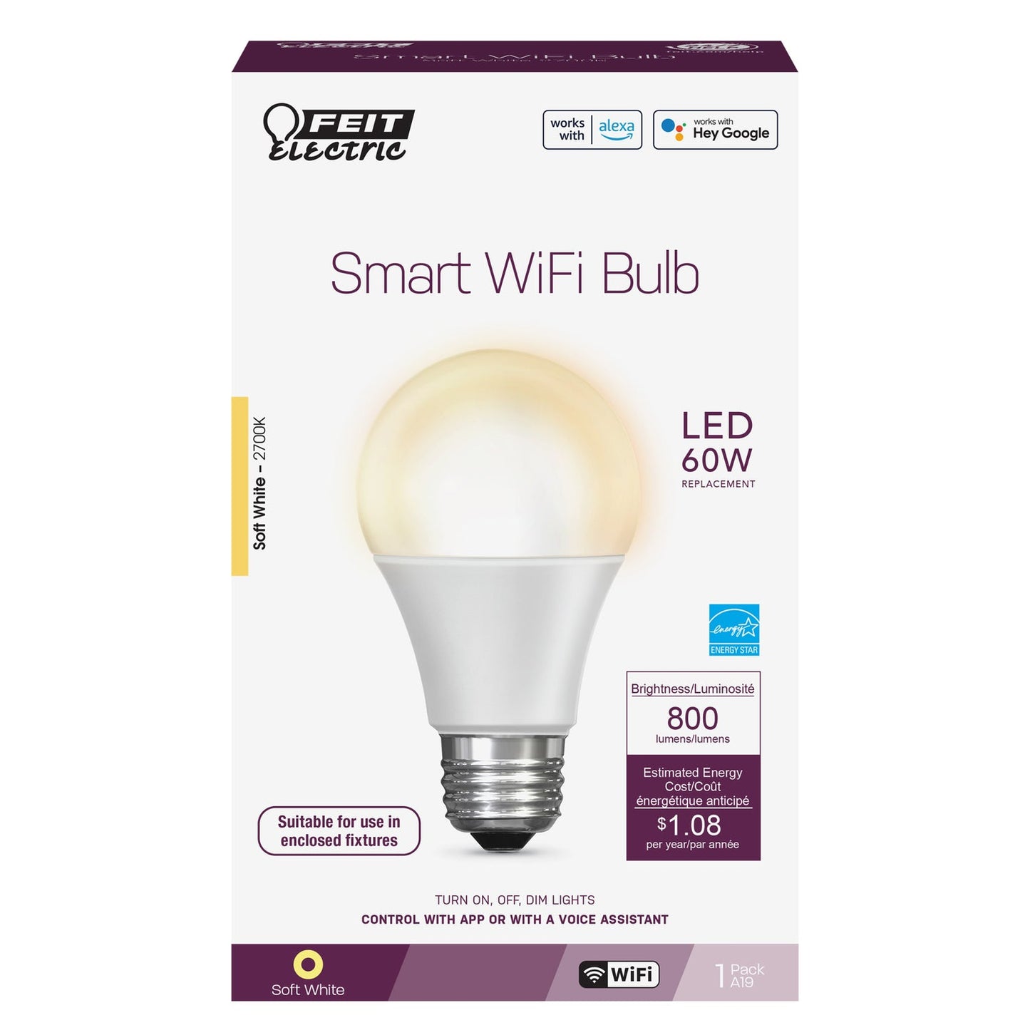 Feit Electric OM60/927CA/AG 9W (60W Replacement) Soft White (2700K) E26 Base A19 LED Alexa Google Smart Wi-Fi Bulb