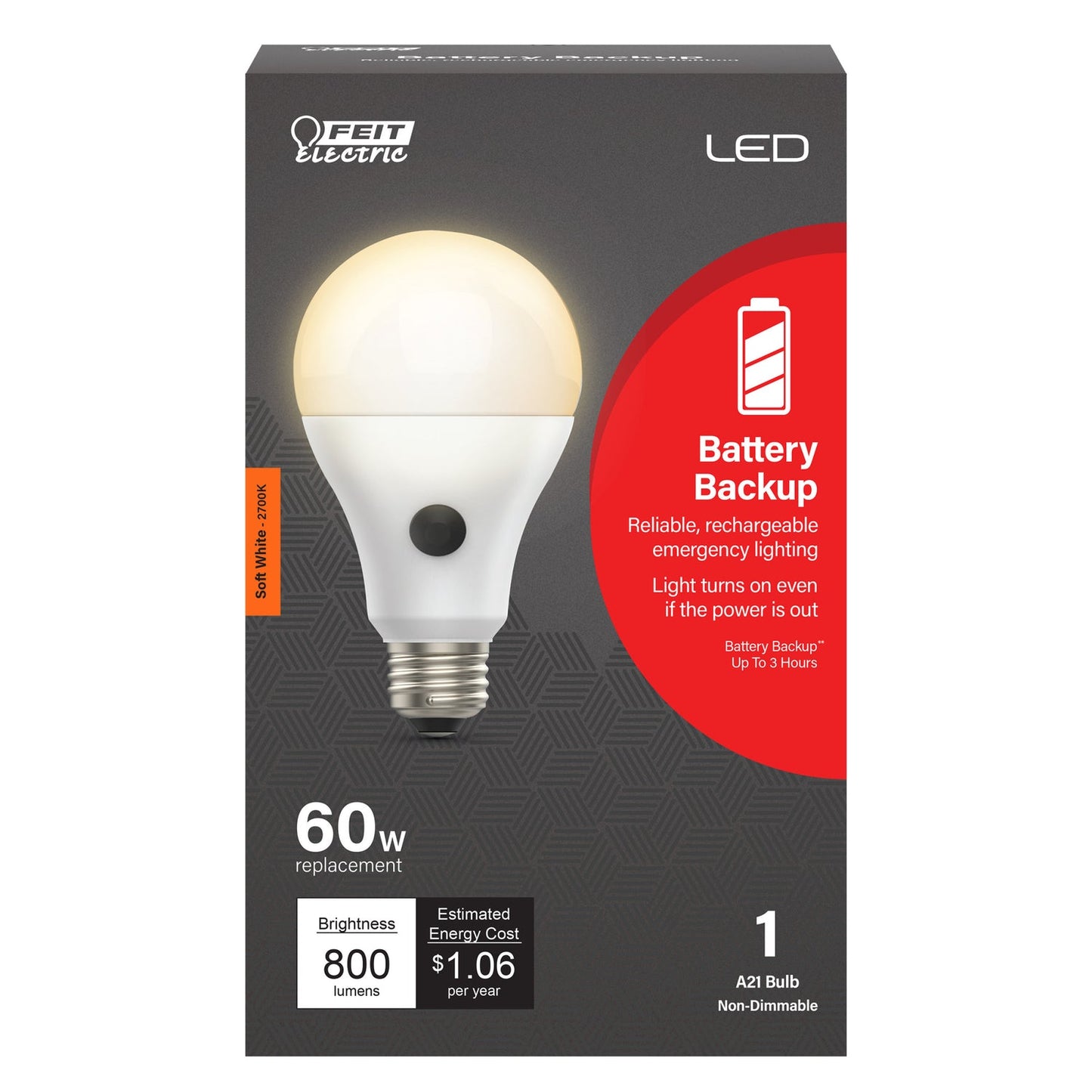 Feit Electric OM60/927CA/BATG2LEDI 60W Equivalent Soft White A19 Non-Dimmable Battery Backup LED Bulb