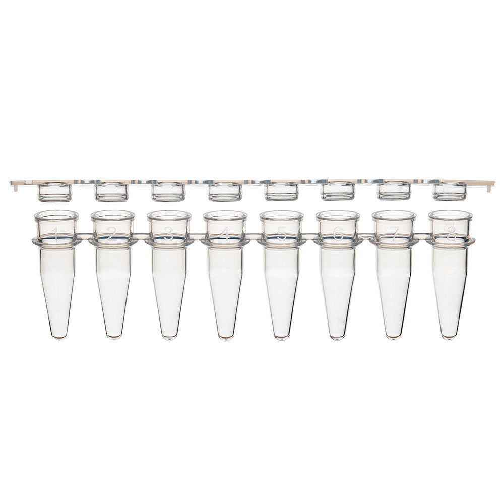 Globe Scientific PCR-STR-02F 0.2mL 8-Strip Tubes with Separate 8-Strip Clear Flat Caps Natural