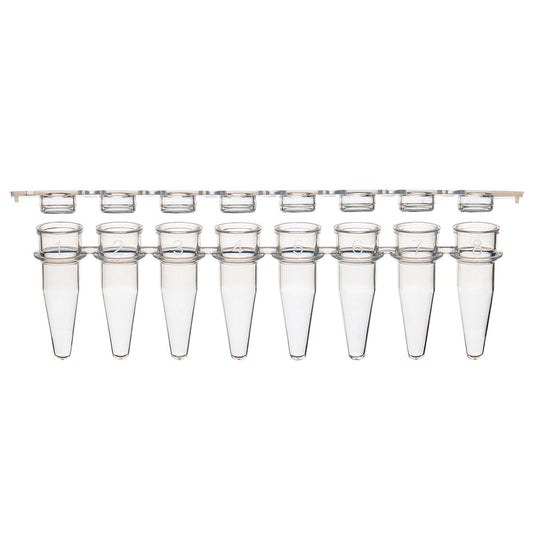 Globe Scientific PCR-STR-02F 0.2mL 8-Strip Tubes with Separate 8-Strip Clear Flat Caps Natural