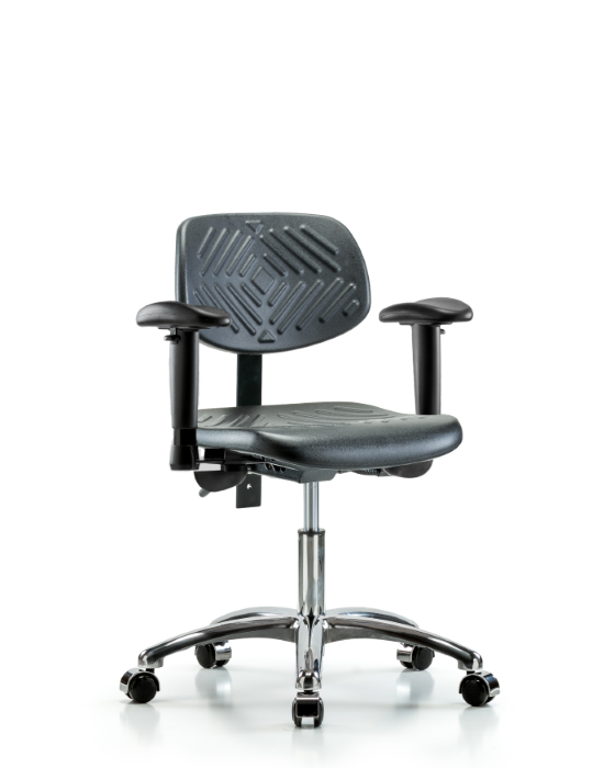 Blue Ridge Ergonomics PDHCH-CR-T0-A1-CC-BLK Polyurethane Chair Chrome - Desk Height with Adjustable Arms & Casters in Black Polyurethane