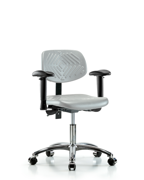 Blue Ridge Ergonomics PDHCH-CR-T0-A1-CC-GRY Polyurethane Chair Chrome - Desk Height with Adjustable Arms & Casters in Gray Polyurethane