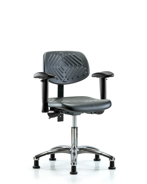 Blue Ridge Ergonomics PDHCH-CR-T0-A1-RG-BLK Polyurethane Chair Chrome - Desk Height with Adjustable Arms & Stationary Glides in Black Polyurethane