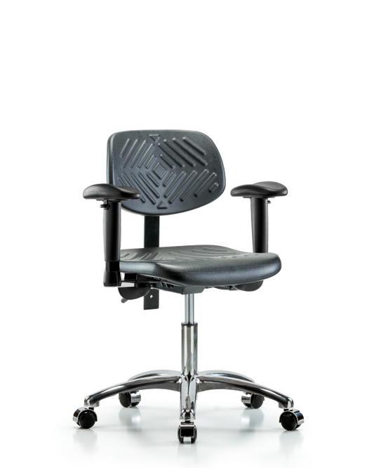 Blue Ridge Ergonomics PDHCH-CR-T1-A1-CC-BLK Polyurethane Chair Chrome - Desk Height with Seat Tilt, Adjustable Arms, & Casters in Black Polyurethane