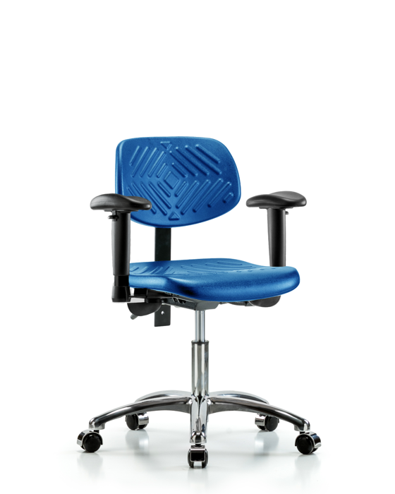 Blue Ridge Ergonomics PDHCH-CR-T1-A1-CC-BLU Polyurethane Chair Chrome - Desk Height with Seat Tilt, Adjustable Arms, & Casters in Blue Polyurethane