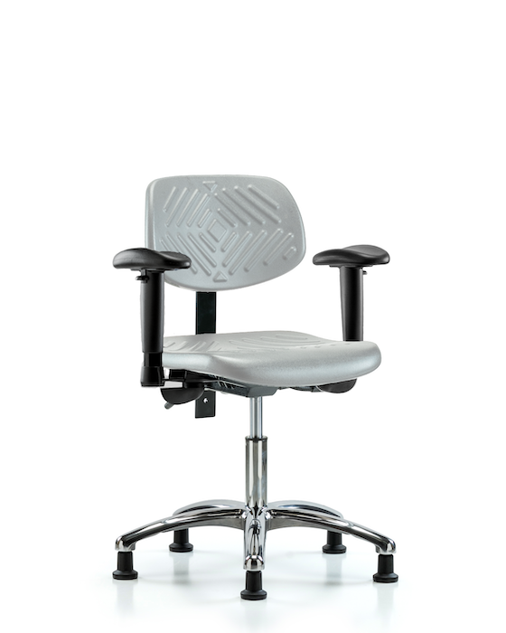 Blue Ridge Ergonomics PDHCH-CR-T1-A1-RG-GRY Polyurethane Chair Chrome - Desk Height with Seat Tilt, Adjustable Arms, & Stationary Glides in Gray Polyurethane