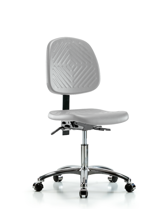 Blue Ridge Ergonomics PDHCH-MB-CR-T0-A0-CC-GRY Polyurethane Chair Chrome - Desk Height with Medium Back & Casters in Gray Polyurethane