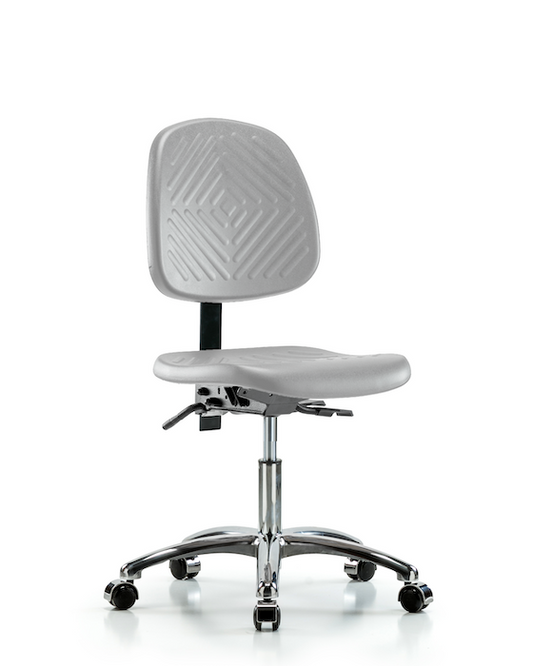Blue Ridge Ergonomics PDHCH-MB-CR-T0-A0-CC-GRY Polyurethane Chair Chrome - Desk Height with Medium Back & Casters in Gray Polyurethane