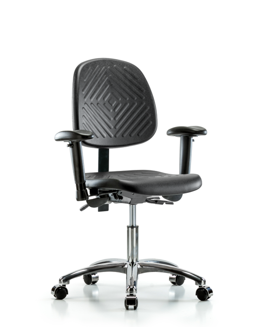 Blue Ridge Ergonomics PDHCH-MB-CR-T0-A1-CC-BLK Polyurethane Chair Chrome - Desk Height with Medium Back, Adjustable Arms, & Casters in Black Polyurethane