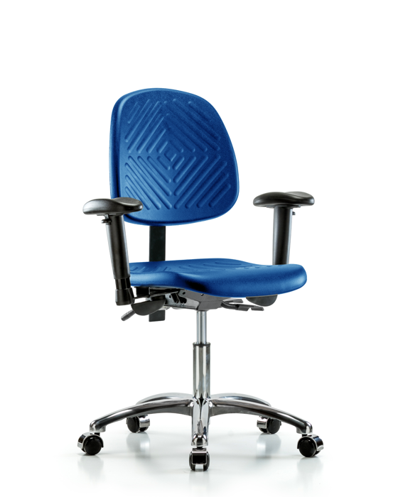 Blue Ridge Ergonomics PDHCH-MB-CR-T0-A1-CC-BLU Polyurethane Chair Chrome - Desk Height with Medium Back, Adjustable Arms, & Casters in Blue Polyurethane