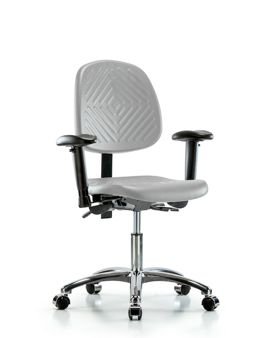 Blue Ridge Ergonomics PDHCH-MB-CR-T0-A1-CC-GRY Polyurethane Chair Chrome - Desk Height with Medium Back, Adjustable Arms, & Casters in Gray Polyurethane