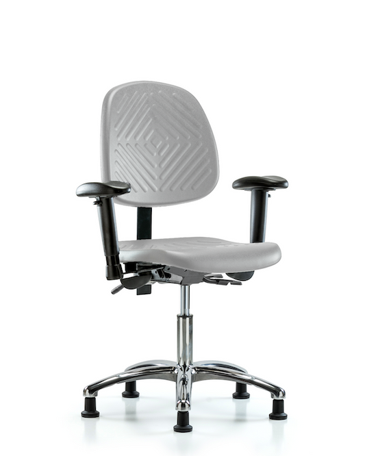 Blue Ridge Ergonomics PDHCH-MB-CR-T0-A1-RG-GRY Polyurethane Chair Chrome - Desk Height with Medium Back, Adjustable Arms, & Stationary Glides in Gray Polyurethane