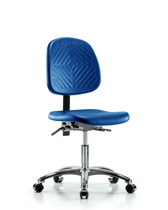 Blue Ridge Ergonomics PDHCH-MB-CR-T1-A0-CC-BLU Polyurethane Chair Chrome - Desk Height with Medium Back, Seat Tilt, & Casters in Blue Polyurethane