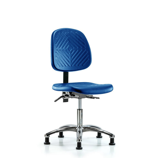 Blue Ridge Ergonomics PDHCH-MB-CR-T1-A0-RG-BLU Polyurethane Chair Chrome - Desk Height with Medium Back, Seat Tilt, & Stationary Glides in Blue Polyurethane