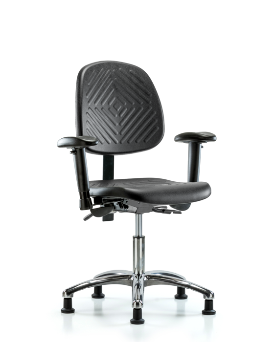 Blue Ridge Ergonomics PDHCH-MB-CR-T1-A1-RG-BLK Polyurethane Chair Chrome - Desk Height with Medium Back, Seat Tilt, Adjustable Arms, & Stationary Glides in Black Polyurethane