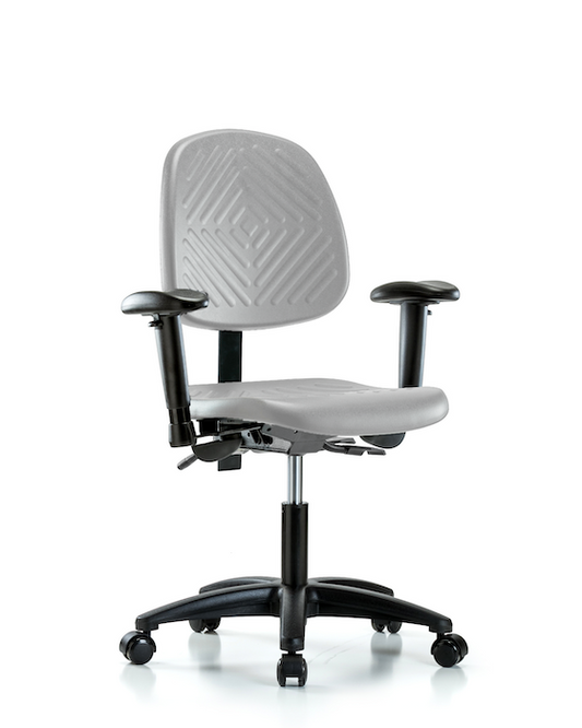 Blue Ridge Ergonomics PDHCH-MB-RG-T0-A1-RC-GRY Polyurethane Chair - Desk Height with Medium Back, Adjustable Arms, & Casters in Gray Polyurethane