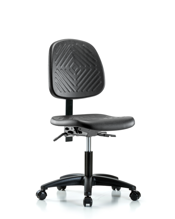 Blue Ridge Ergonomics PDHCH-MB-RG-T1-A0-RC-BLK Polyurethane Chair - Desk Height with Medium Back, Seat Tilt, & Casters in Black Polyurethane