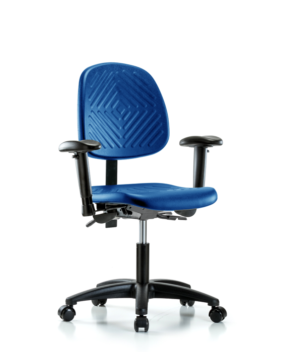 Blue Ridge Ergonomics PDHCH-MB-RG-T1-A1-RC-BLU Polyurethane Chair - Desk Height with Medium Back, Seat Tilt, Adjustable Arms, & Casters in Blue Polyurethane