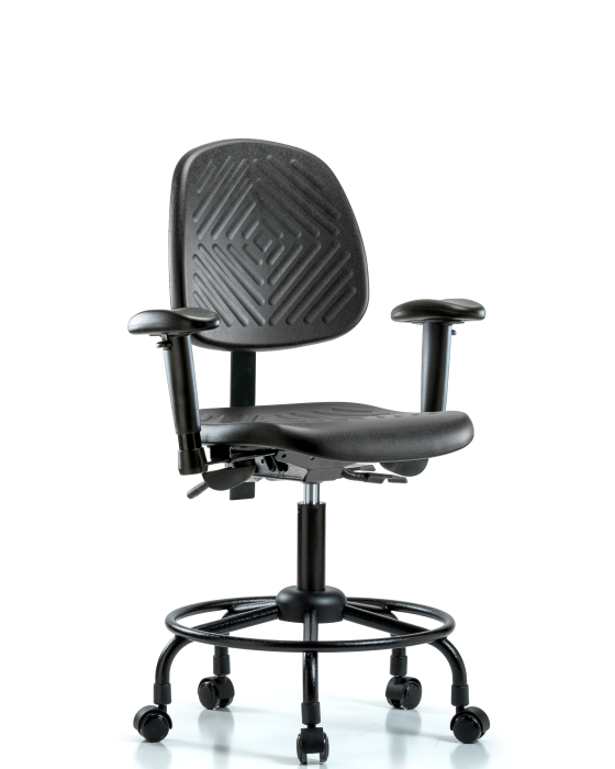 Blue Ridge Ergonomics PDHCH-MB-RT-T0-A1-RC-BLK Polyurethane Chair with Round Tube Base - Desk Height with Medium Back, Adjustable Arms, & Casters in Black Polyurethane