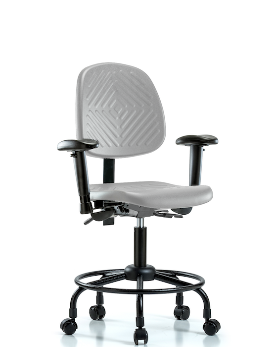 Blue Ridge Ergonomics PDHCH-MB-RT-T0-A1-RC-GRY Polyurethane Chair with Round Tube Base - Desk Height with Medium Back, Adjustable Arms, & Casters in Gray Polyurethane