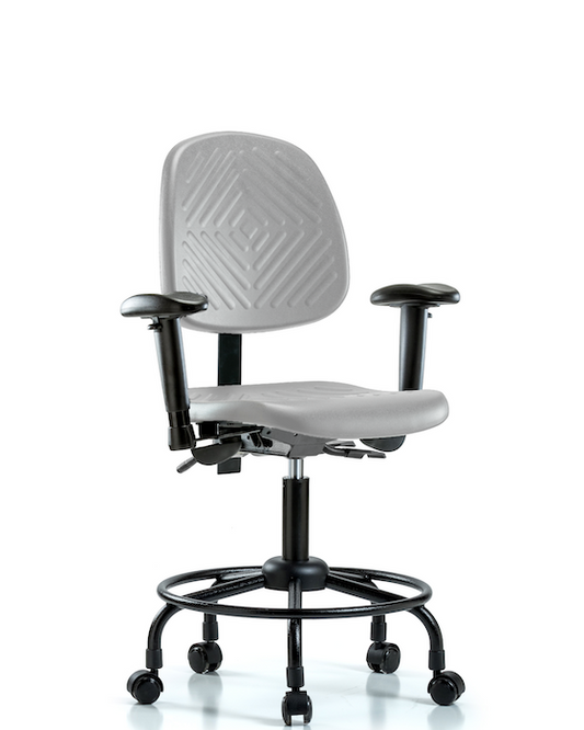 Blue Ridge Ergonomics PDHCH-MB-RT-T0-A1-RC-GRY Polyurethane Chair with Round Tube Base - Desk Height with Medium Back, Adjustable Arms, & Casters in Gray Polyurethane