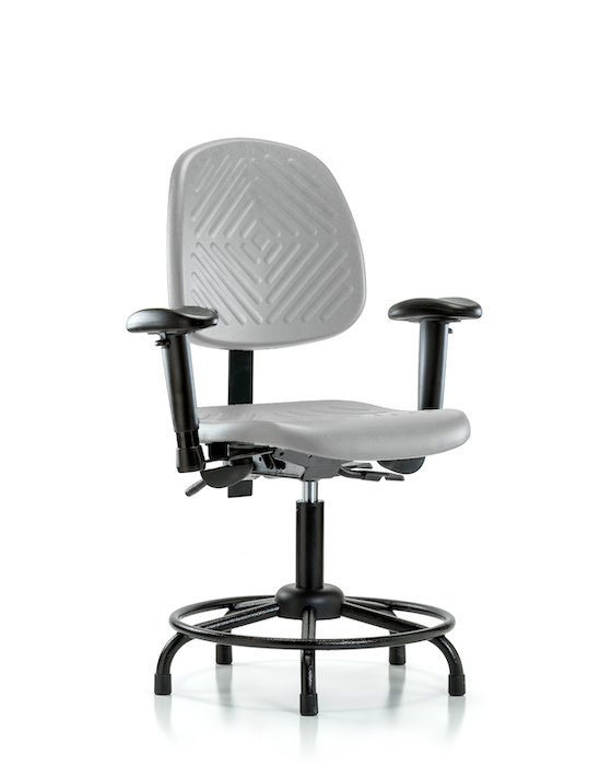 Blue Ridge Ergonomics PDHCH-MB-RT-T0-A1-RG-GRY Polyurethane Chair with Round Tube Base - Desk Height with Medium Back, Adjustable Arms, & Stationary Glides in Gray Polyurethane