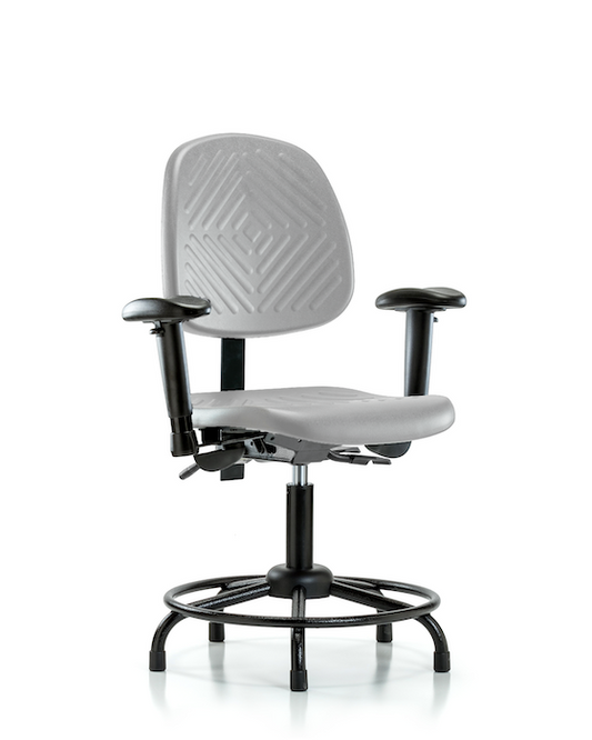 Blue Ridge Ergonomics PDHCH-MB-RT-T0-A1-RG-GRY Polyurethane Chair with Round Tube Base - Desk Height with Medium Back, Adjustable Arms, & Stationary Glides in Gray Polyurethane