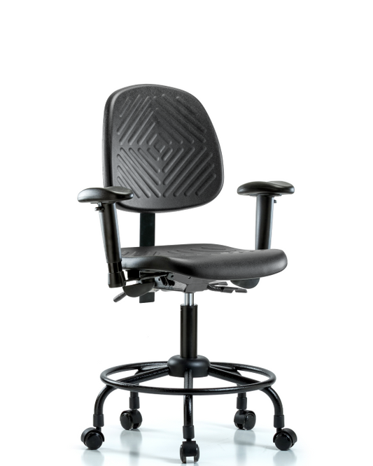 Blue Ridge Ergonomics PDHCH-MB-RT-T1-A1-RC-BLK Polyurethane Chair with Round Tube Base - Desk Height with Medium Back, Seat Tilt, Adjustable Arms, & Casters in Black Polyurethane