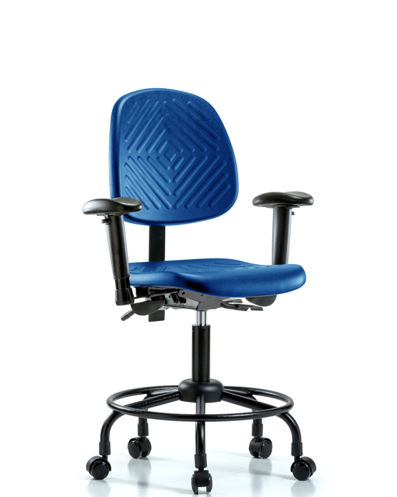 Blue Ridge Ergonomics PDHCH-MB-RT-T1-A1-RC-BLU Polyurethane Chair with Round Tube Base - Desk Height with Medium Back, Seat Tilt, Adjustable Arms, & Casters in Blue Polyurethane