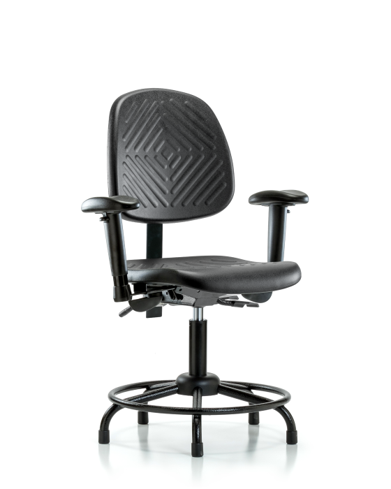 Blue Ridge Ergonomics PDHCH-MB-RT-T1-A1-RG-BLK Polyurethane Chair with Round Tube Base - Desk Height with Medium Back, Seat Tilt, Adjustable Arms, & Stationary Glides in Black Polyurethane
