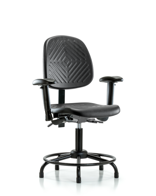 Blue Ridge Ergonomics PDHCH-MB-RT-T1-A1-RG-BLK Polyurethane Chair with Round Tube Base - Desk Height with Medium Back, Seat Tilt, Adjustable Arms, & Stationary Glides in Black Polyurethane