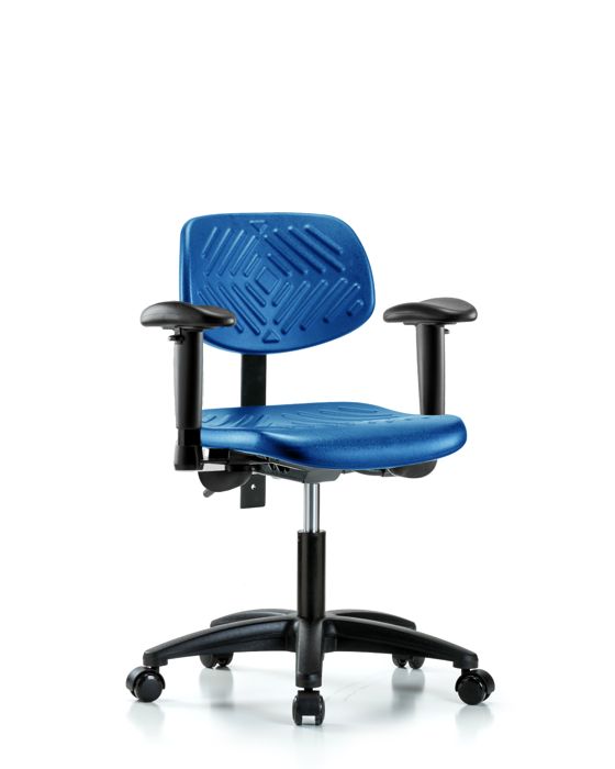Blue Ridge Ergonomics PDHCH-RG-T0-A1-RC-BLU Polyurethane Chair - Desk Height with Adjustable Arms & Casters in Blue Polyurethane