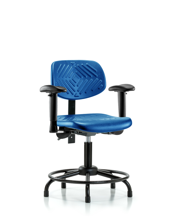 Blue Ridge Ergonomics PDHCH-RT-T0-A1-RG-BLU Polyurethane Chair Round Tube Base - Desk Height with Adjustable Arms & Stationary Glides in Blue Polyurethane
