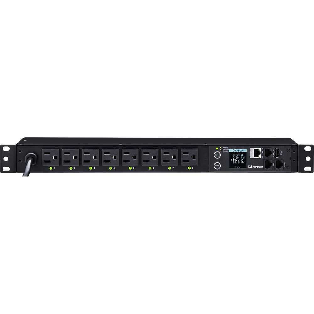 CyberPower PDU41001 Single Phase 100 - 120 VAC 15A Switched PDU - 8 Outlets, 12 ft, NEMA 5-15P, Horizontal, 1U, SNMP, LCD, 3YR Warranty