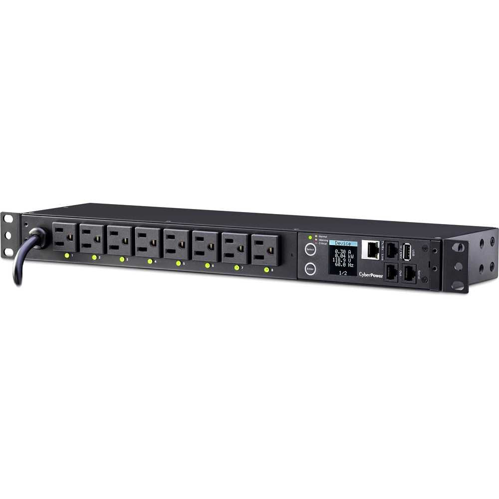 CyberPower PDU41001 Single Phase 100 - 120 VAC 15A Switched PDU - 8 Outlets, 12 ft, NEMA 5-15P, Horizontal, 1U, SNMP, LCD, 3YR Warranty