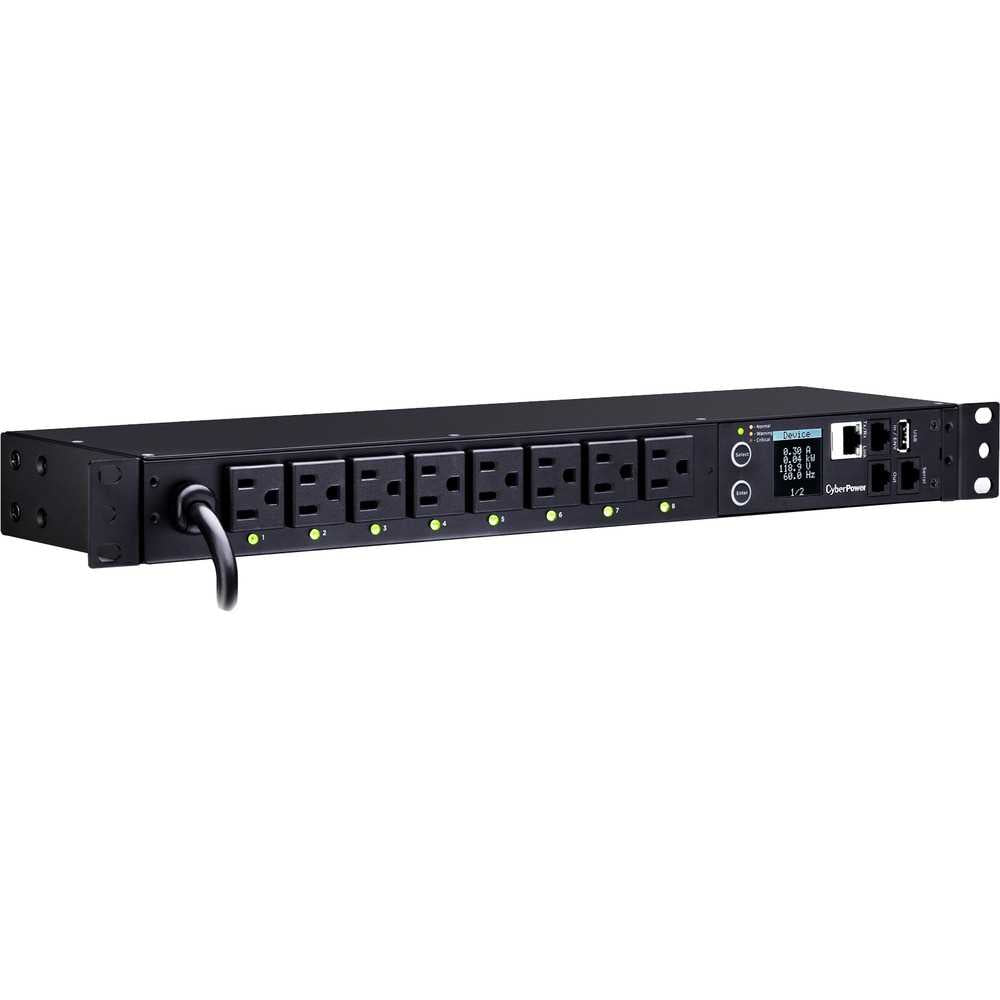 CyberPower PDU41001 Single Phase 100 - 120 VAC 15A Switched PDU - 8 Outlets, 12 ft, NEMA 5-15P, Horizontal, 1U, SNMP, LCD, 3YR Warranty