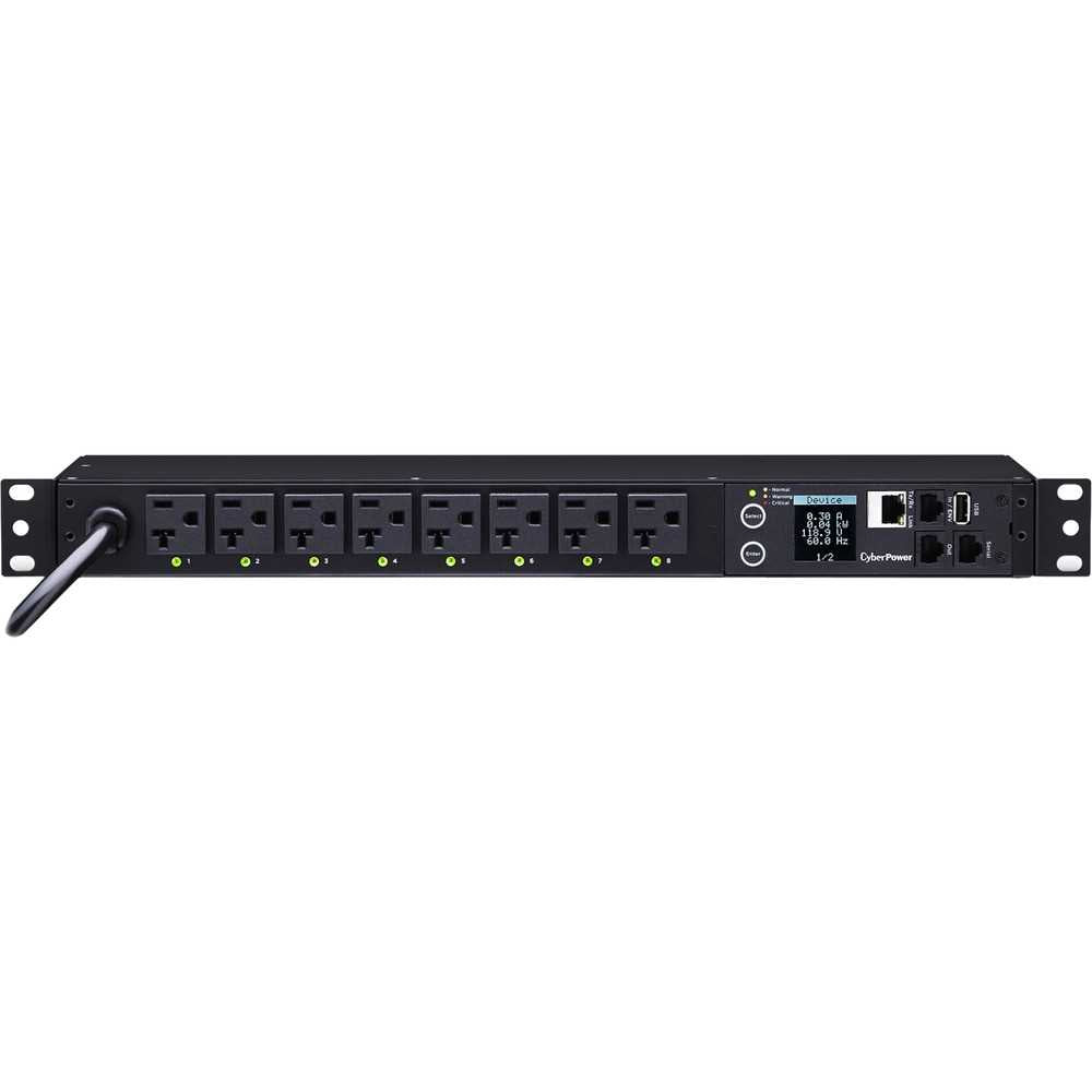 CyberPower PDU41002 Single Phase 100 - 120 VAC 20A Switched PDU - 8 Outlets, 12 ft, NEMA L5-20P (5-20P Adapter), Horizontal, 1U, SNMP, LCD, 3YR Warranty