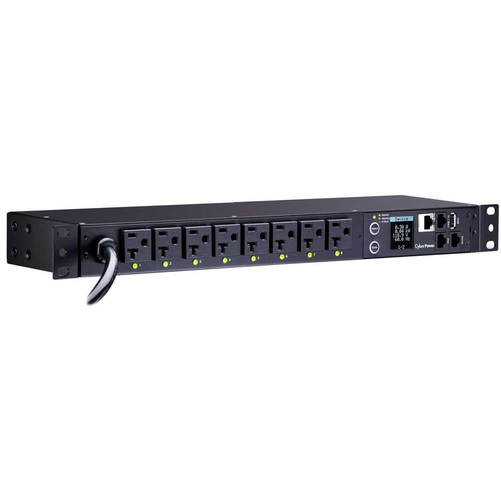 CyberPower PDU41002 Single Phase 100 - 120 VAC 20A Switched PDU - 8 Outlets, 12 ft, NEMA L5-20P (5-20P Adapter), Horizontal, 1U, SNMP, LCD, 3YR Warranty