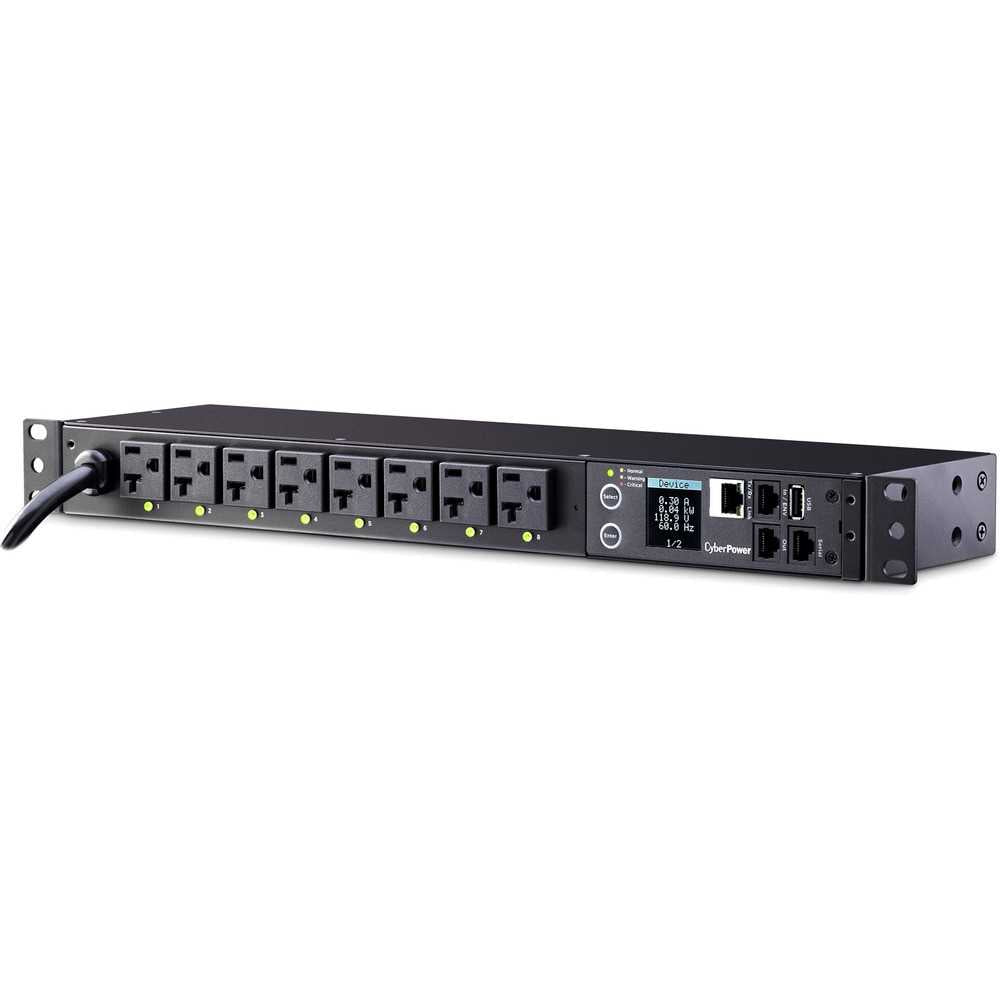 CyberPower PDU41002 Single Phase 100 - 120 VAC 20A Switched PDU - 8 Outlets, 12 ft, NEMA L5-20P (5-20P Adapter), Horizontal, 1U, SNMP, LCD, 3YR Warranty