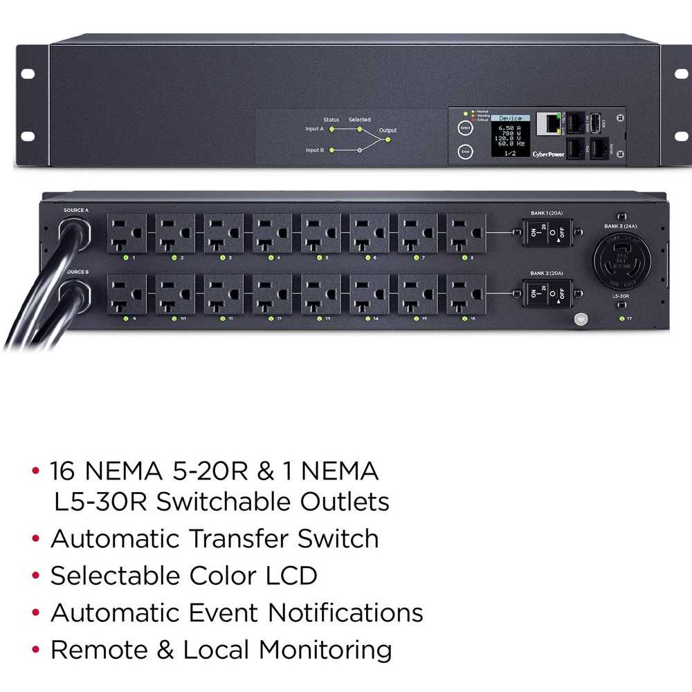 CyberPower Metered ATS PDU PDU44003 17-Outlets PDU - Metered - NEMA L5-30P - 16 x NEMA 5-20R, 1 x NEMA L5-30R - 120 V AC - Network (RJ-45) - 2U - Horizontal - Rack-mountable