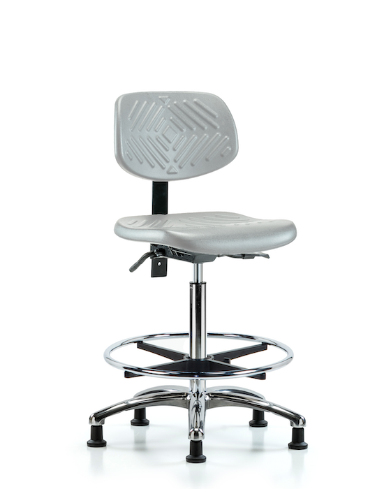 Blue Ridge Ergonomics PHBCH-CR-T0-A0-CF-RG-GRY Polyurethane Chair Chrome - High Bench Height with Chrome Foot Ring & Stationary Glides in Gray Polyurethane