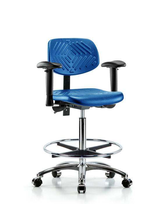 Blue Ridge Ergonomics PHBCH-CR-T0-A1-CF-CC-BLU Polyurethane Chair Chrome - High Bench Height with Adjustable Arms, Chrome Foot Ring, & Casters in Blue Polyurethane