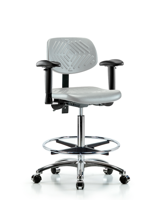 Blue Ridge Ergonomics PHBCH-CR-T0-A1-CF-CC-GRY Polyurethane Chair Chrome - High Bench Height with Adjustable Arms, Chrome Foot Ring, & Casters in Gray Polyurethane